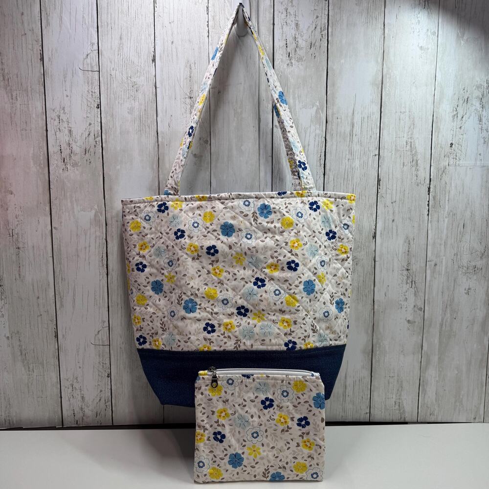 Quilted Blue, Yellow Floral Tote Bag Denim Accent Matching Zipper Pouch Included